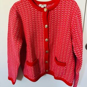 Elegant Red and White Cardigan with Gold Buttons